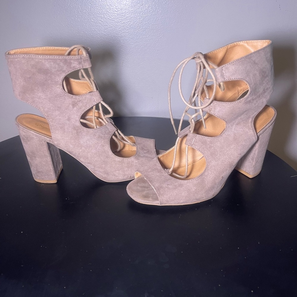 Taupe Suede open back heels